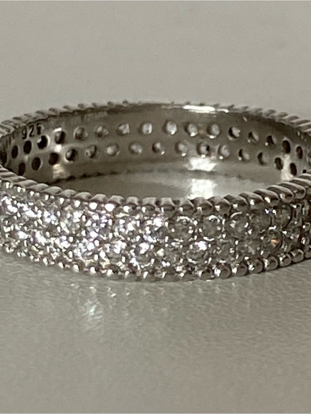 925 Sterling Silver Pave CZ Eternity Band Ring Size 7.5 2 Rows 4 mm EUC worn 1X